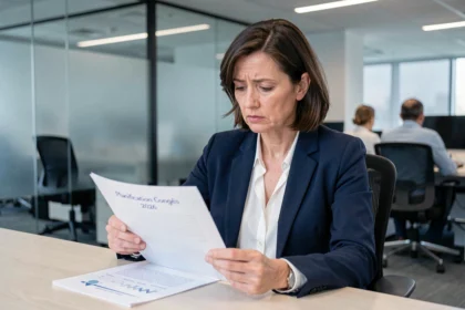 Cadre supérieure en entreprise examinant un document de planification des congés obligatoires pour 2026 dans un bureau moderne