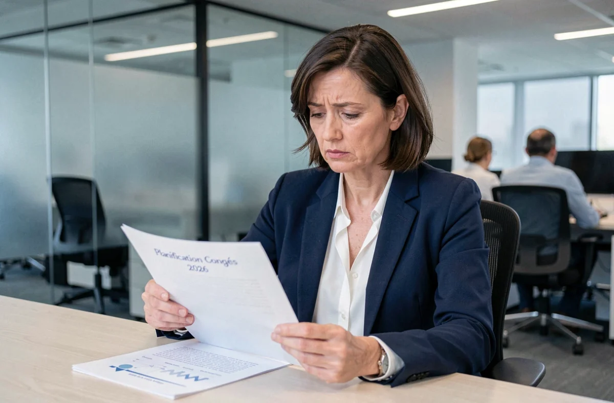 Cadre supérieure en entreprise examinant un document de planification des congés obligatoires pour 2026 dans un bureau moderne