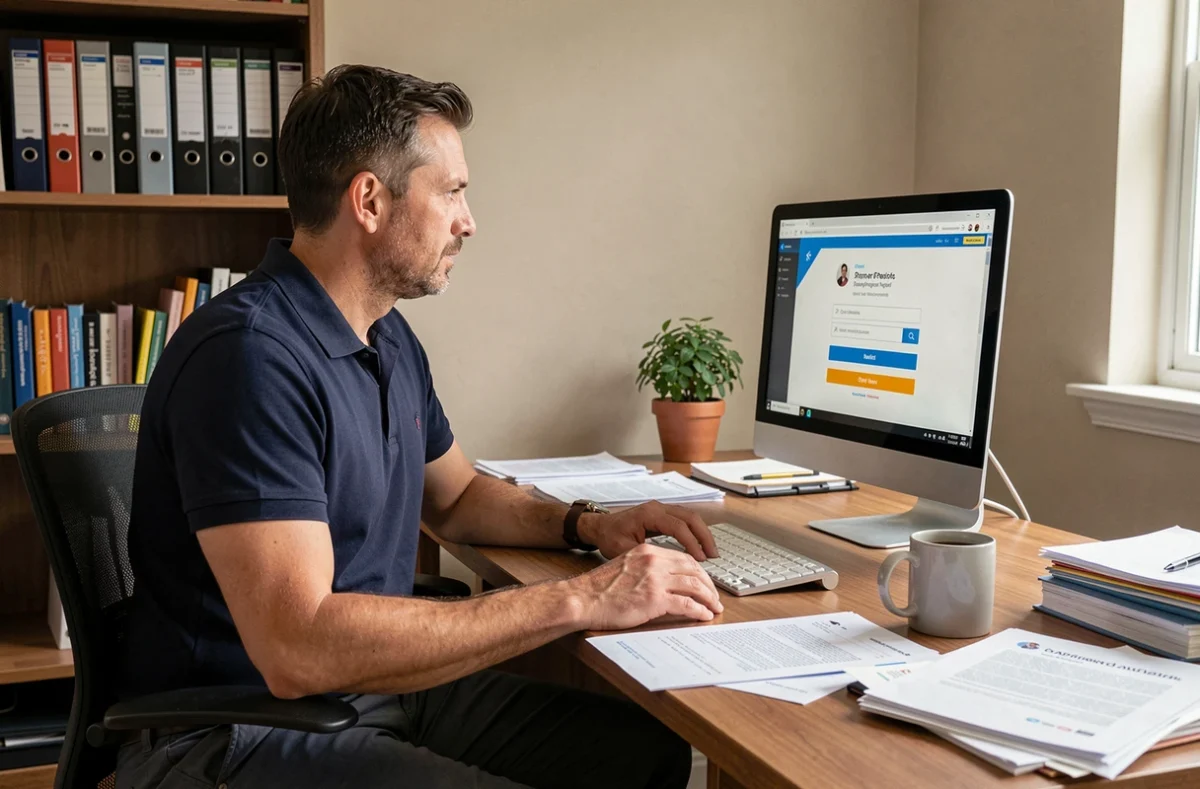 Homme en télétravail essayant de résoudre un problème d'accès au portail intranet Air France depuis son bureau à domicile