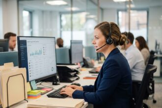 Conseillère SAV avec casque audio gérant des demandes centralisées sur un tableau de bord numérique dans un open space professionnel