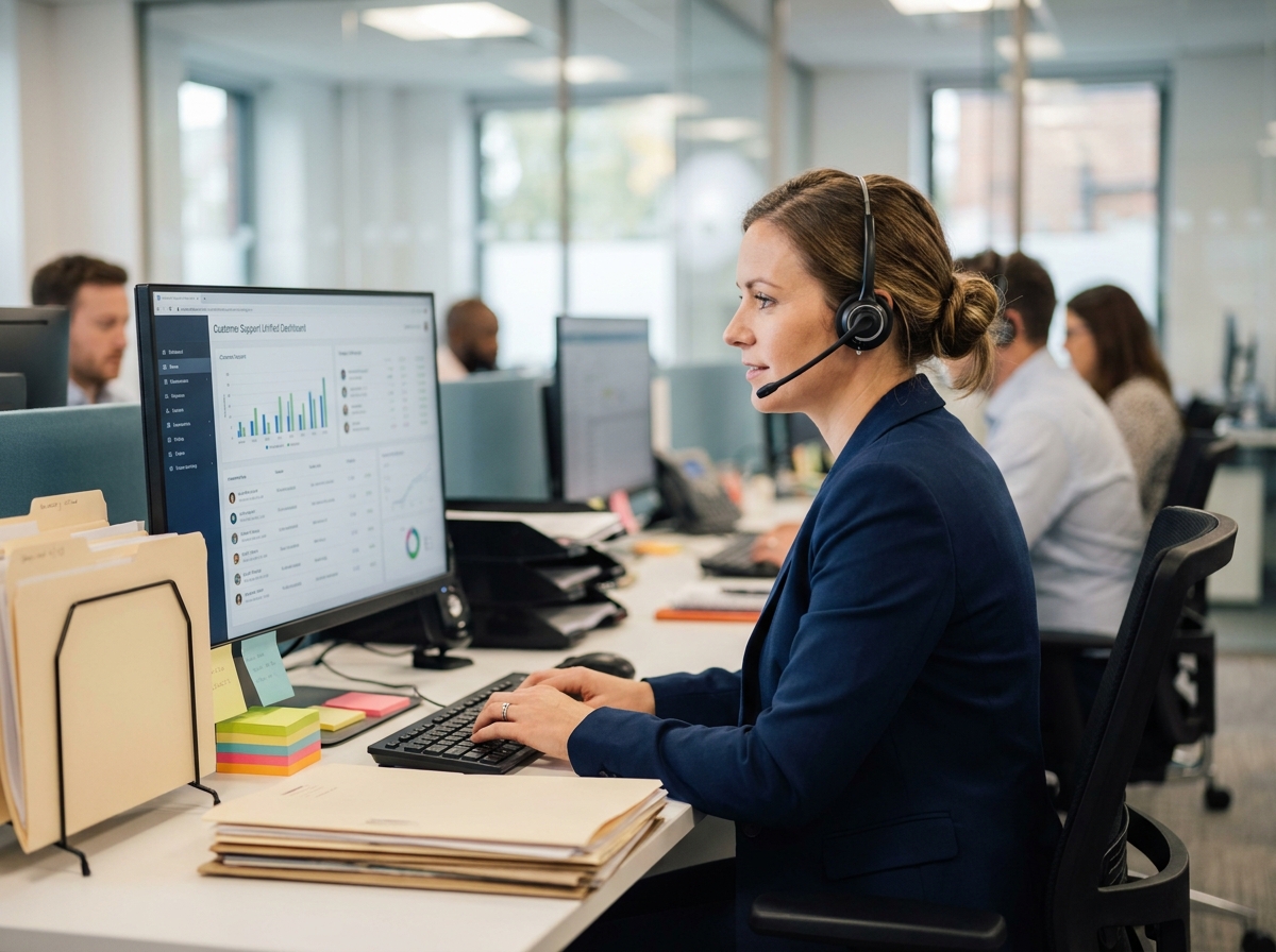 Conseillère SAV avec casque audio gérant des demandes centralisées sur un tableau de bord numérique dans un open space professionnel
