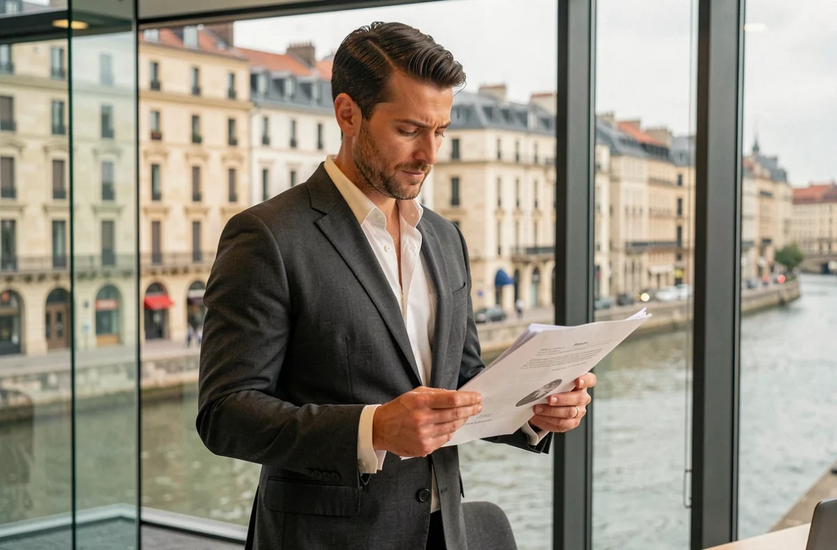 Consultant indépendant en portage salarial analysant un contrat dans une salle de réunion avec vue sur Bordeaux