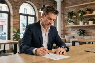 Consultant indépendant en portage salarial signant un contrat dans un espace de coworking à Toulouse