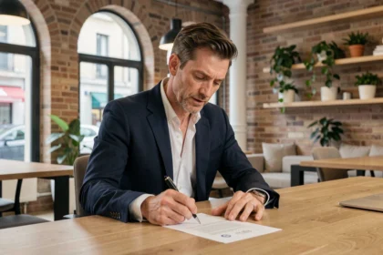 Consultant indépendant en portage salarial signant un contrat dans un espace de coworking à Toulouse