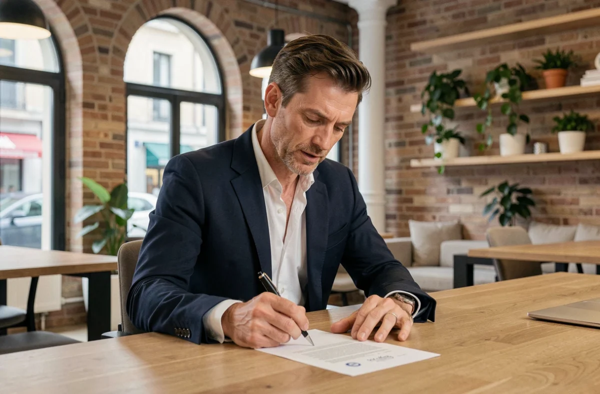 Consultant indépendant en portage salarial signant un contrat dans un espace de coworking à Toulouse