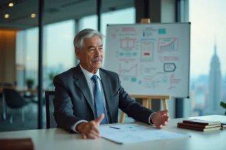 Consultant senior en costume charcoal présentant une stratégie différenciante sur un tableau blanc dans un bureau moderne avec vue urbaine