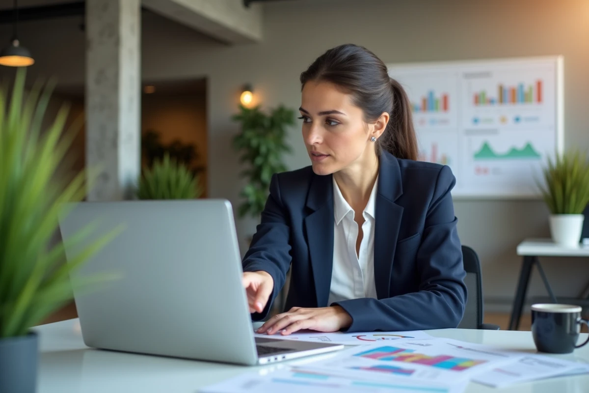 Consultante en agence digitale à Montpellier analysant un audit SEO sur son ordinateur portable dans un bureau moderne
