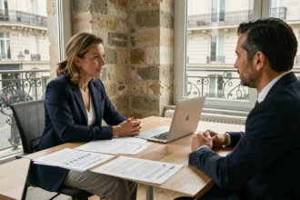 Consultante indépendante signant un contrat de portage salarial dans un bureau moderne à Bordeaux
