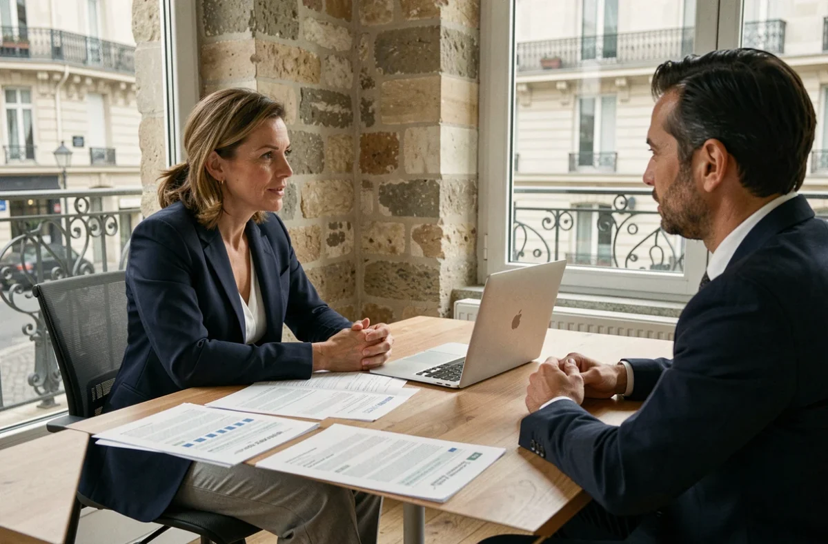 Consultante indépendante signant un contrat de portage salarial dans un bureau moderne à Bordeaux