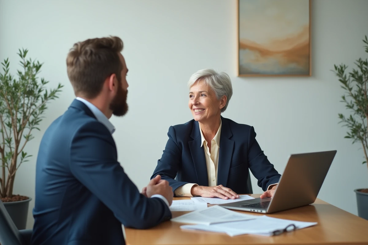 Consultante senior expérimentée en réunion client discutant d'une offre de services sur mesure dans un bureau épuré