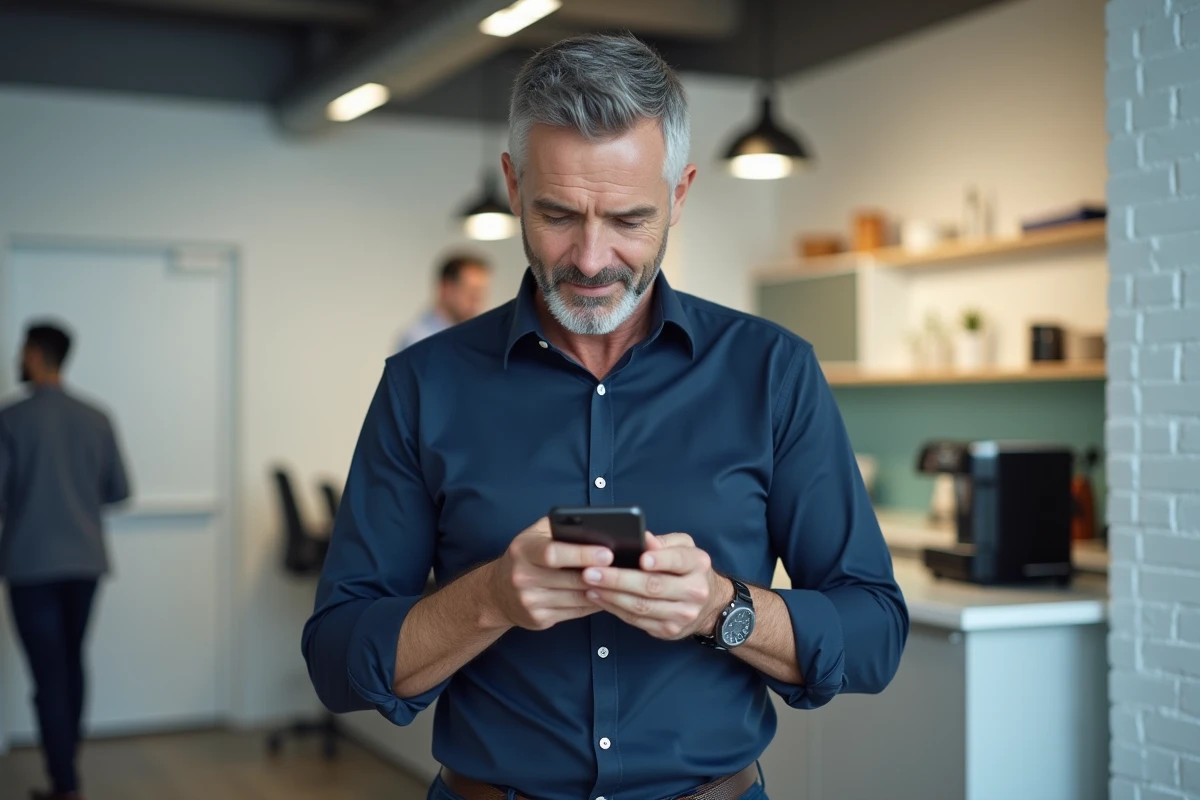 Homme consultant son portail RH en ligne sur mobile dans une salle de pause de bureau
