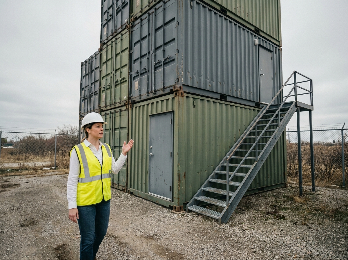 Cheffe de projet inspectant une installation de containers modulaires empilés aménagés dans un parc industriel avec escaliers métalliques extérieurs