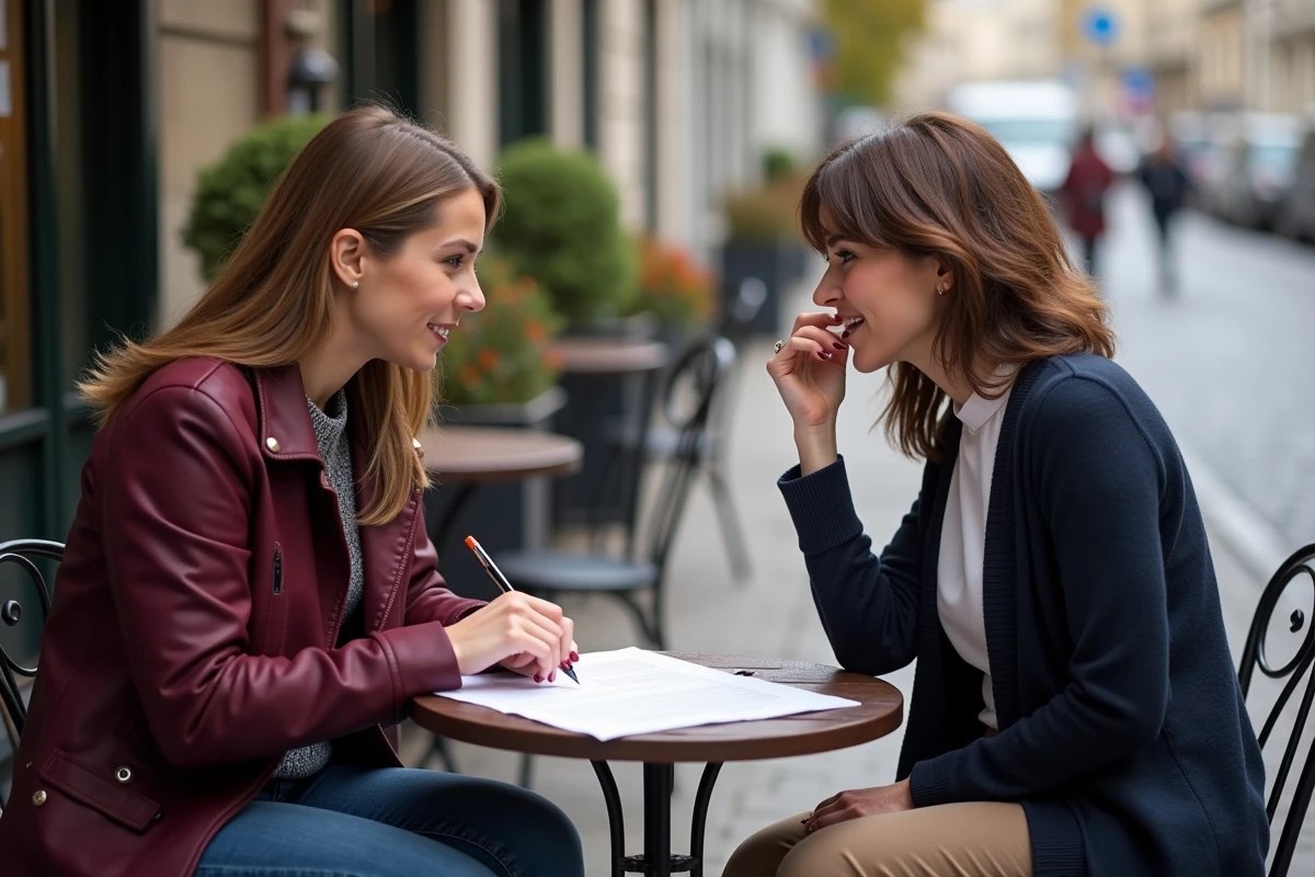 Deux femmes discutant d'un contrat de prestation de service en terrasse de café dans un quartier urbain