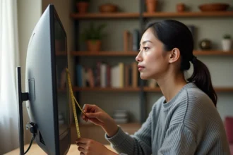 Femme mesurant un écran de télévision avec un ruban gradué en pouces et en centimètres dans un salon moderne