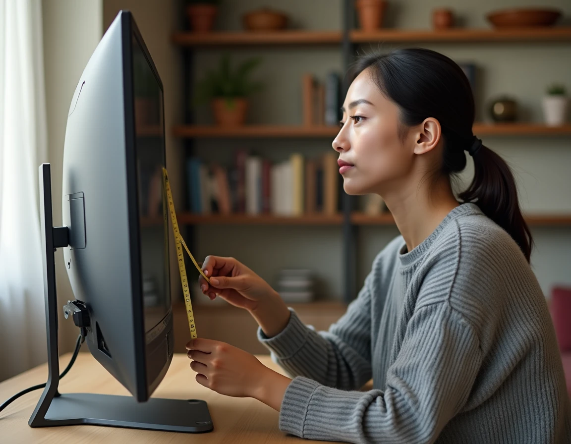 Femme mesurant un écran de télévision avec un ruban gradué en pouces et en centimètres dans un salon moderne