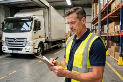 Coordinateur logistique vérifiant des documents à quai de chargement pour optimiser le service d'avisage et réduire les retards de transport