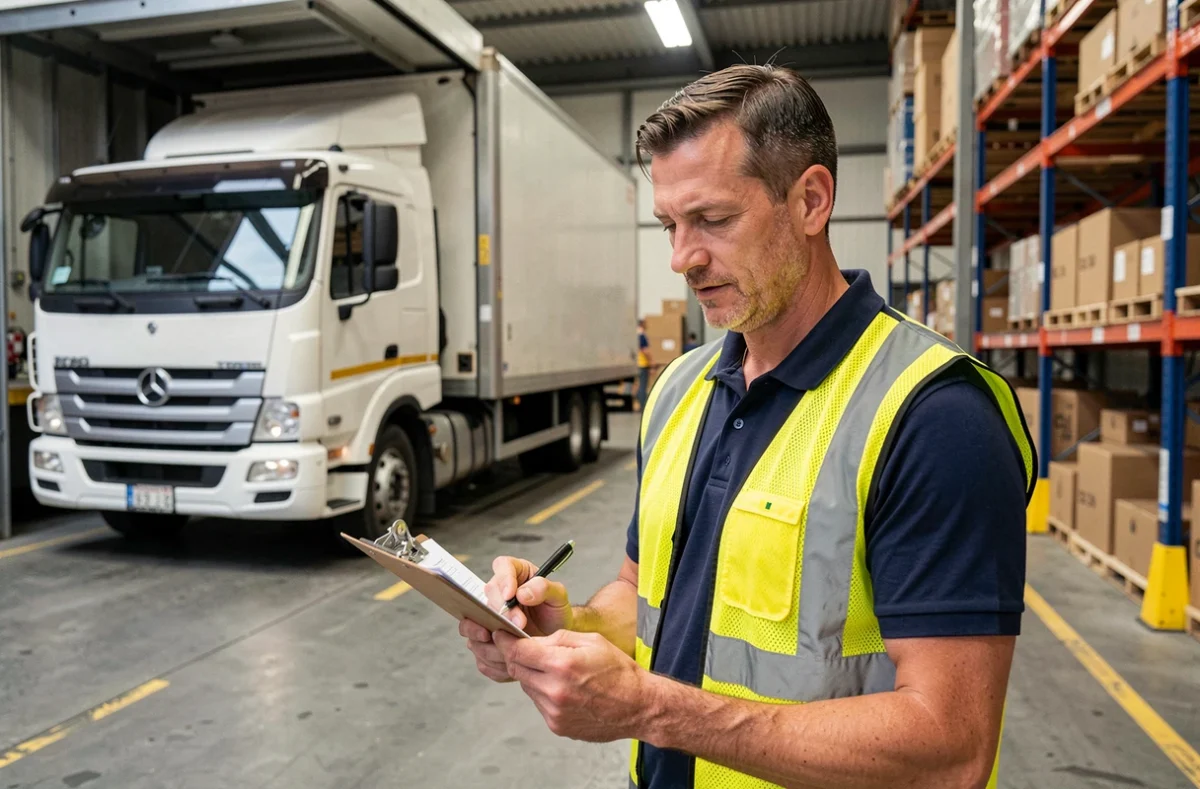 Coordinateur logistique vérifiant des documents à quai de chargement pour optimiser le service d'avisage et réduire les retards de transport