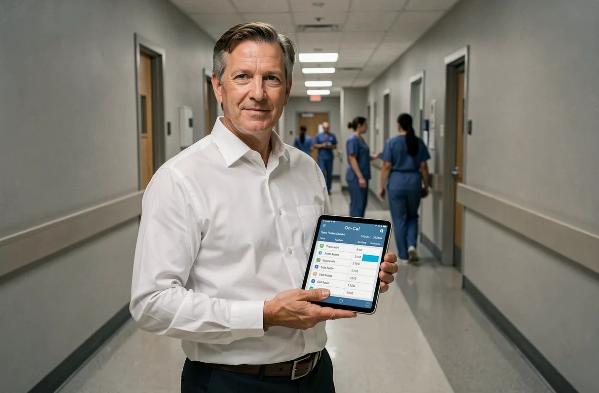 Coordinateur médical consultant un planning de garde sur tablette dans un couloir d'hôpital