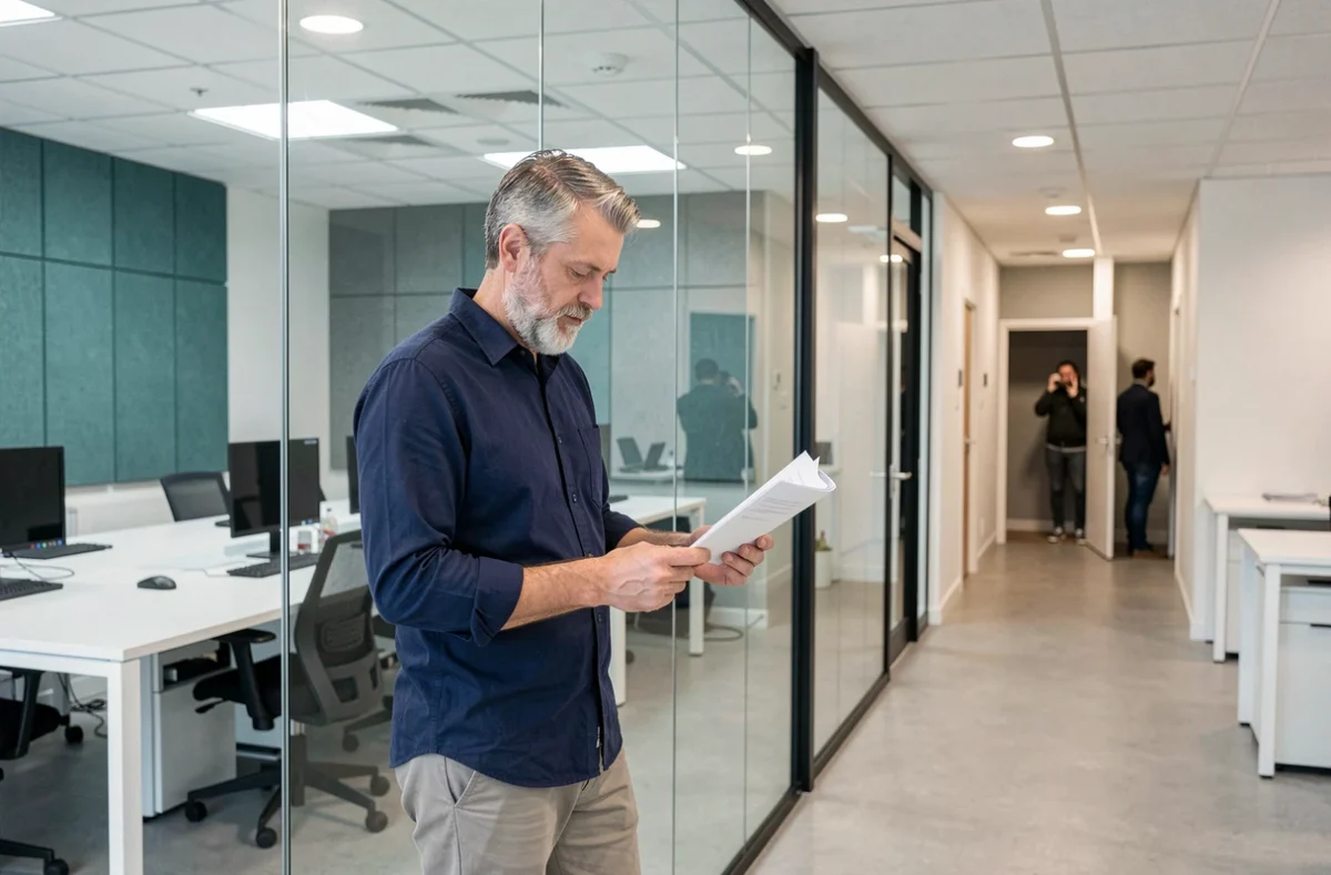 Homme consultant des documents dans un grand espace de coworking contemporain à Maisons-Laffitte