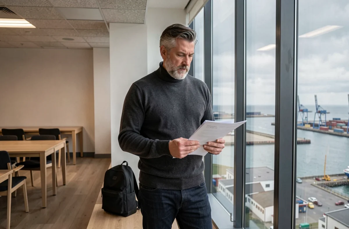 Professionnel indépendant consultant des documents dans un espace de coworking à Saint-Nazaire avec vue sur le port