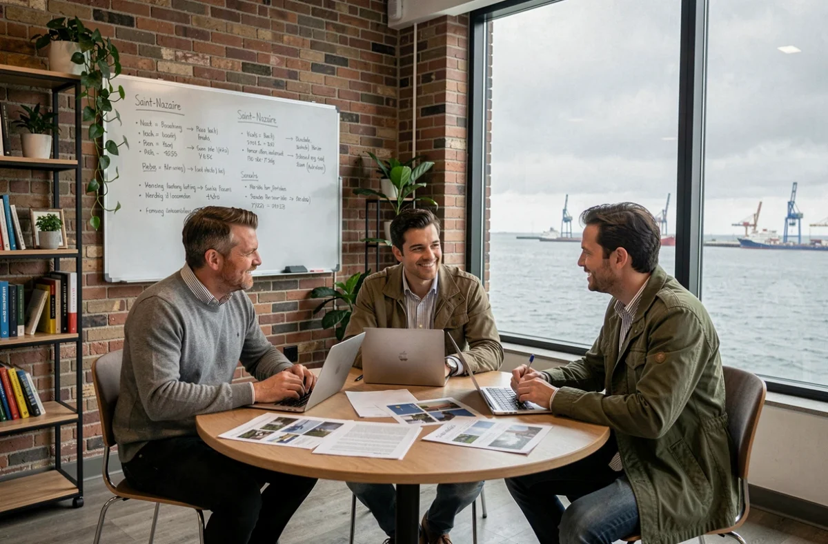 Équipe de professionnels en réunion collaborative dans un coworking de Saint-Nazaire