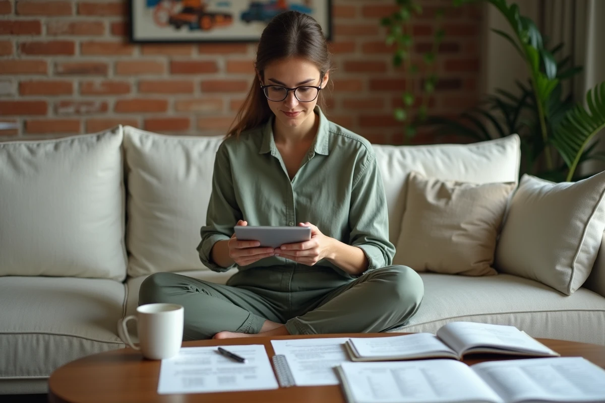 Créateur de contenu planifiant sa stratégie de tarification avec des notes manuscrites et une tablette sur un canapé