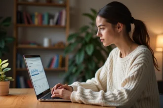 Créatrice de contenu analysant ses statistiques et sa grille de tarifs sur un ordinateur portable dans un bureau à domicile