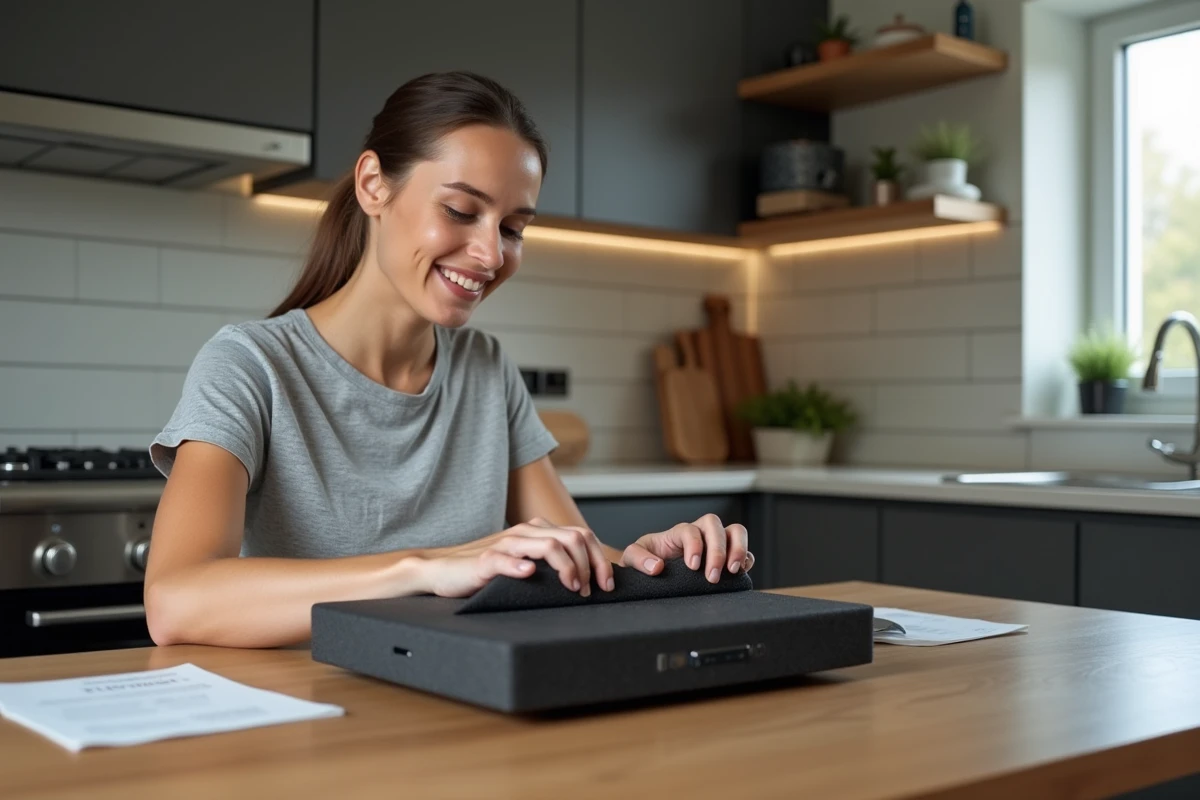 Femme déballant un instrument de musique dans la cuisine