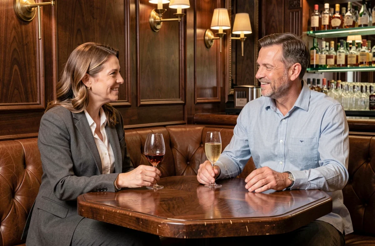 Deux amis dégustant des spiritueux de luxe dans un bar d'hôtel raffiné, champagne et cognac LVMH en soirée