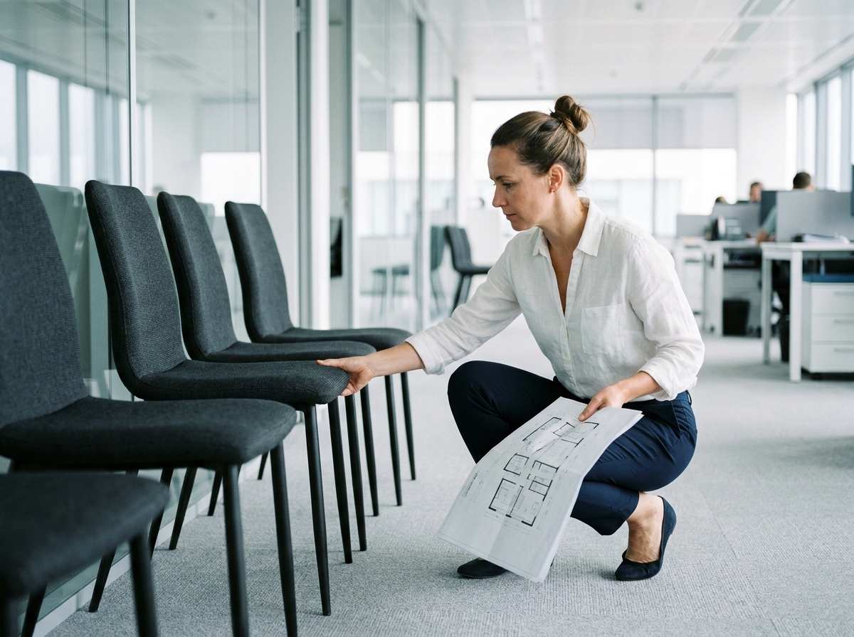 Designer d'intérieur repositionnant des fauteuils d'attente dans un espace administratif pour optimiser le parcours visiteur