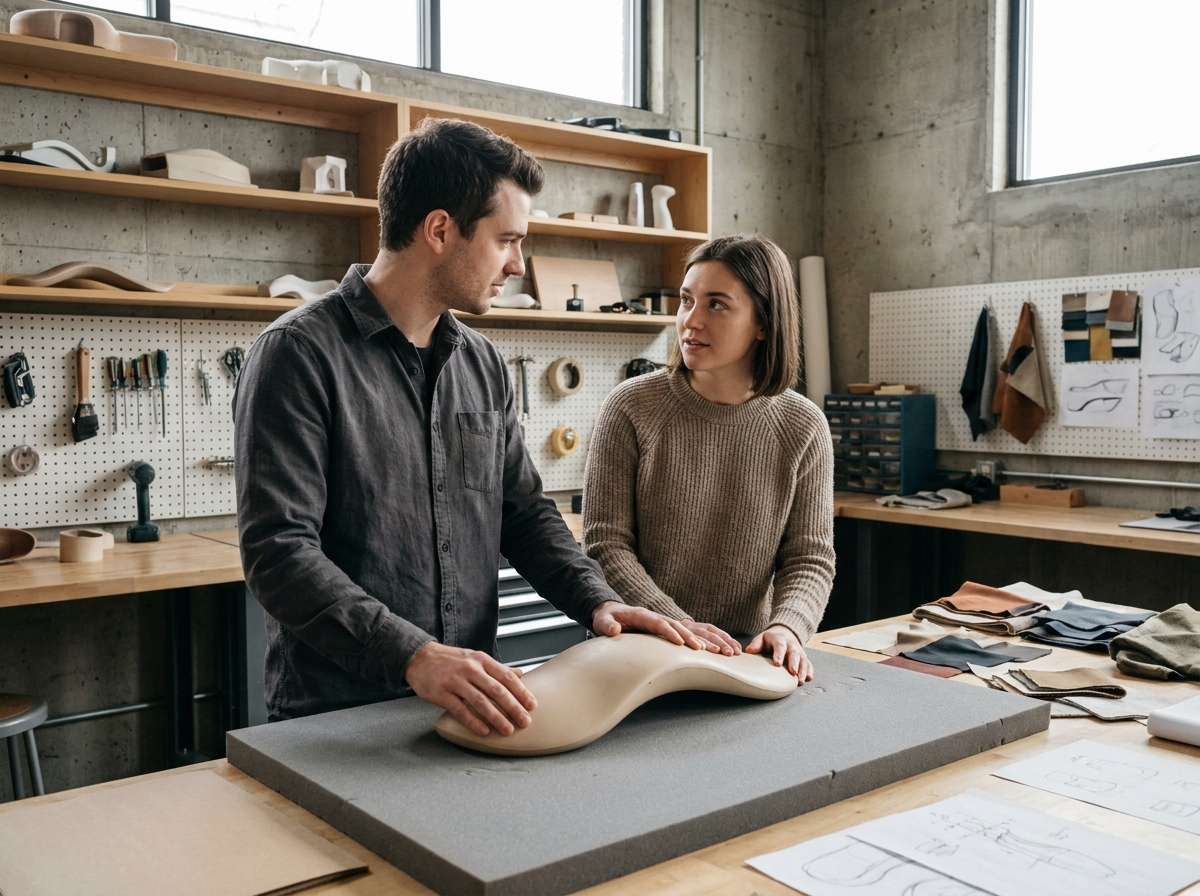 Deux designers testant le glissement d'un prototype de surface ergonomique dans un atelier industriel, étudiant le confort d'utilisation des matériaux