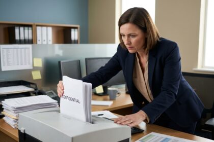 Une femme en blazer marine détruit des documents confidentiels dans une déchiqueteuse de bureau, illustrant la gestion sécurisée des données papier en entreprise