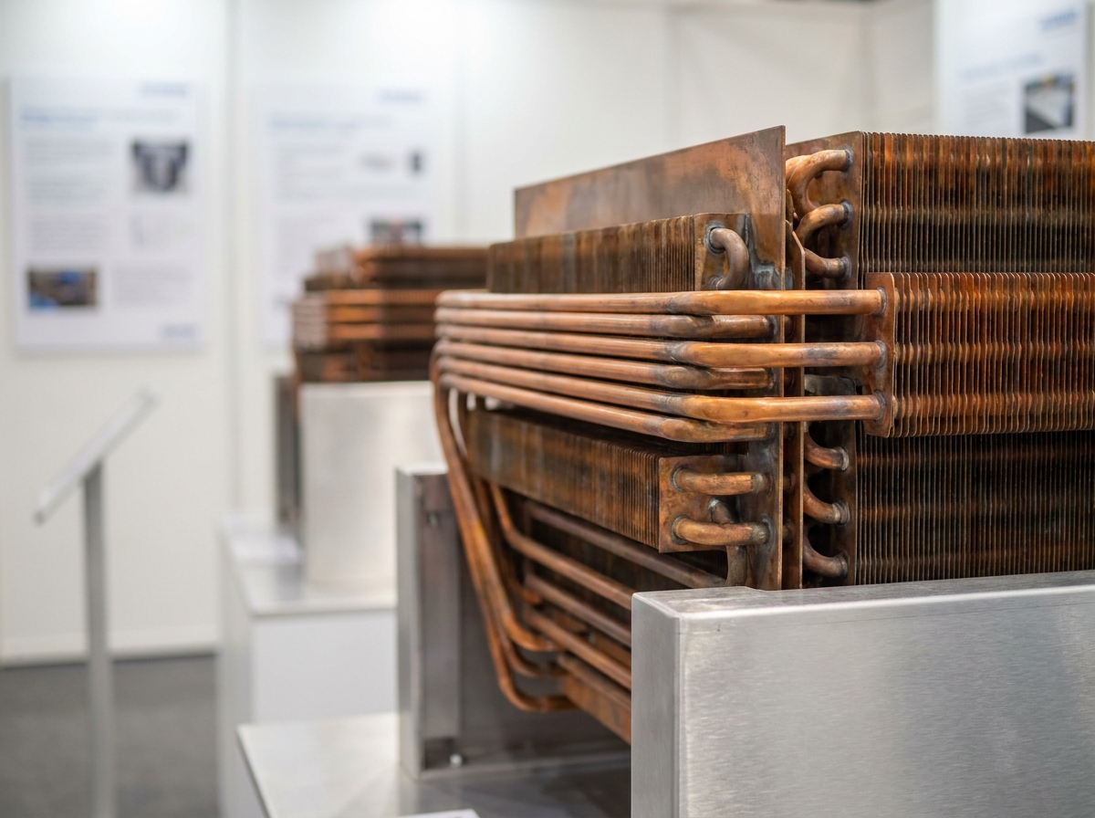 Gros plan sur les tubes et ailettes en cuivre d'un échangeur thermique industriel exposé en salon technique, détail d'ingénierie thermique