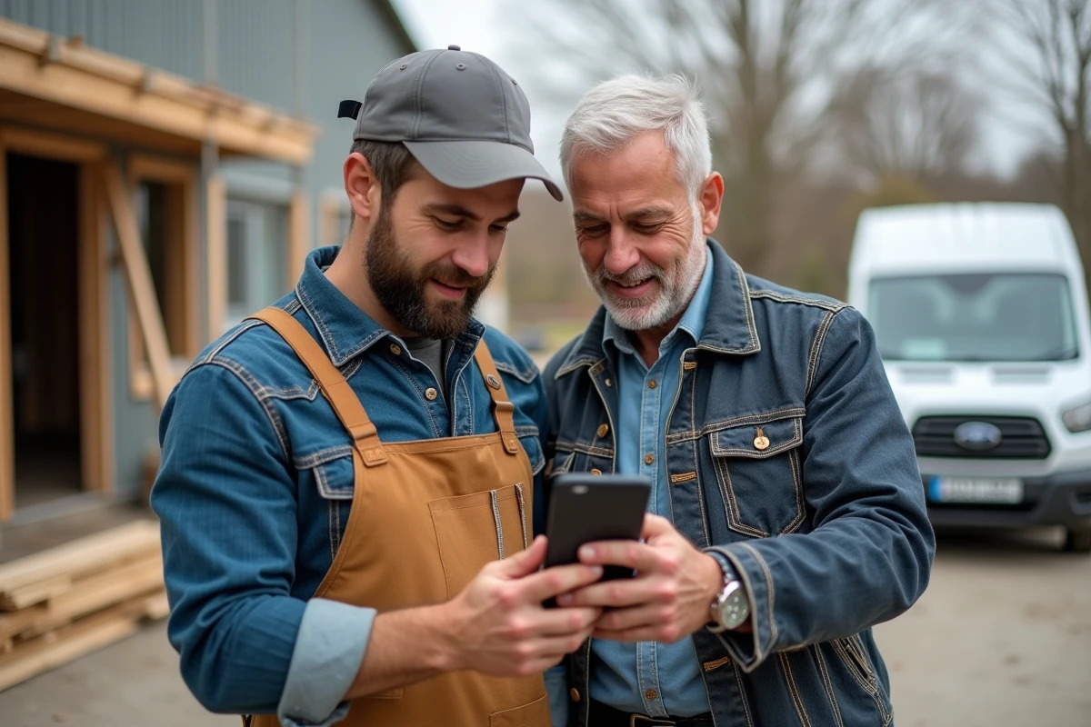 Deux artisans du bâtiment consultant la plateforme artisan-en-1-clic.fr sur un smartphone devant un chantier