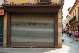 Devanture commerciale fermée dans une ville côtière corse avec volets métalliques baissés et architecture en pierre traditionnelle
