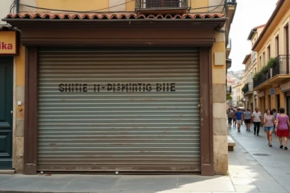Devanture commerciale fermée dans une ville côtière corse avec volets métalliques baissés et architecture en pierre traditionnelle