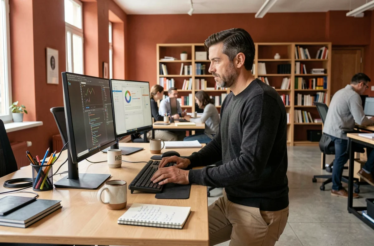 Développeur freelance en portage salarial travaillant dans un espace de coworking à Bordeaux