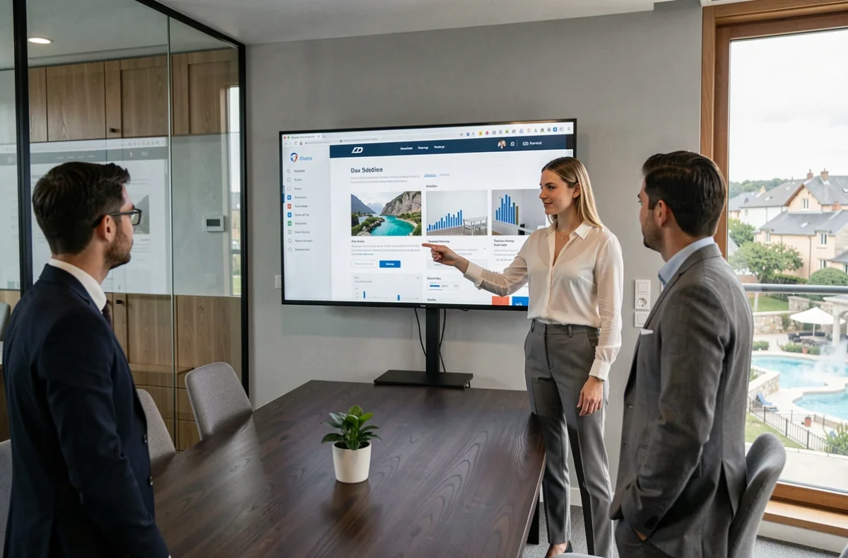 Stratège digitale présentant un projet de site web à des collègues dans les bureaux de Digital 64, agence web à Dax
