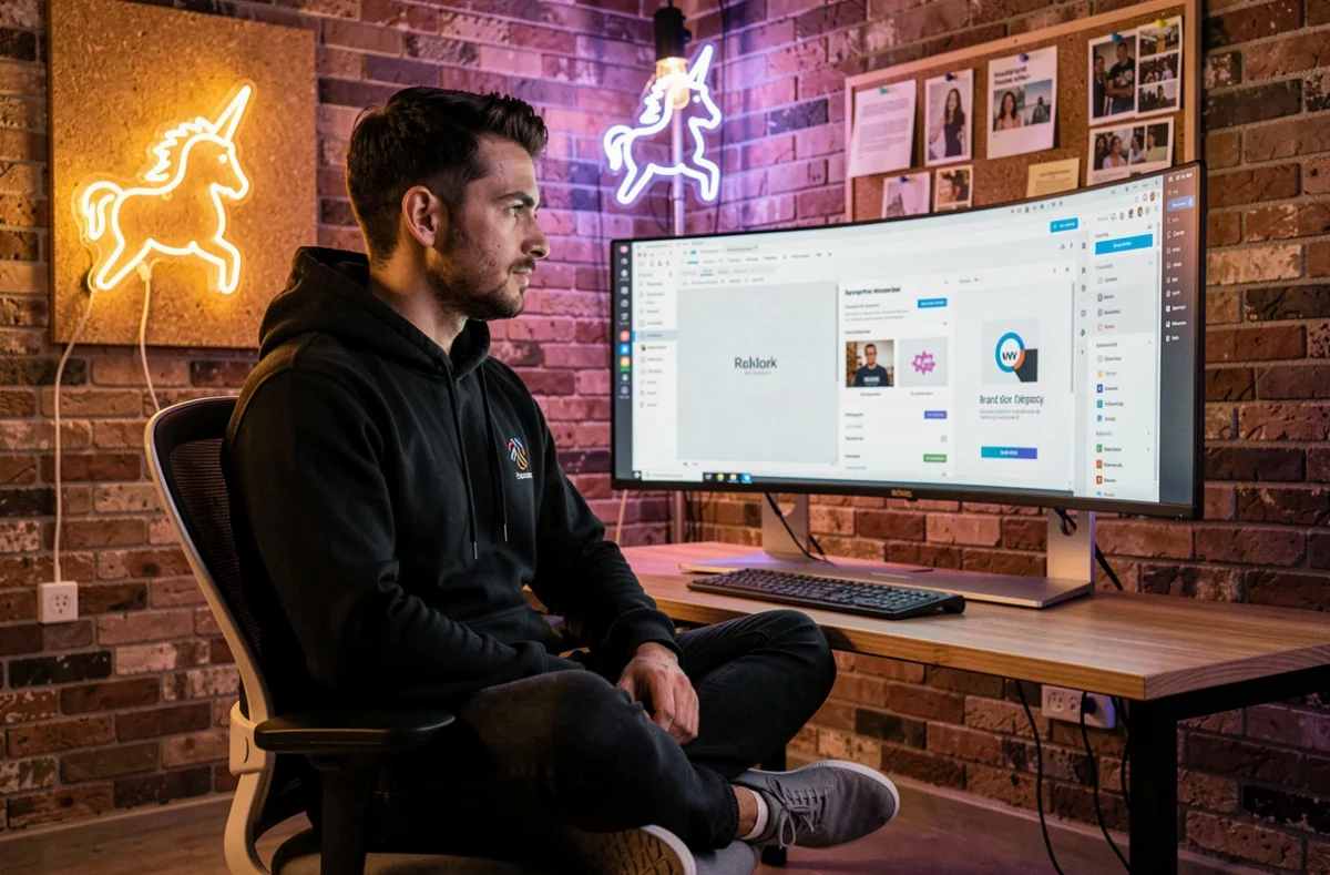 Designer créatif travaillant sur une stratégie SEO et des visuels de marque dans les locaux de Digital Unicorn, agence web et SEO