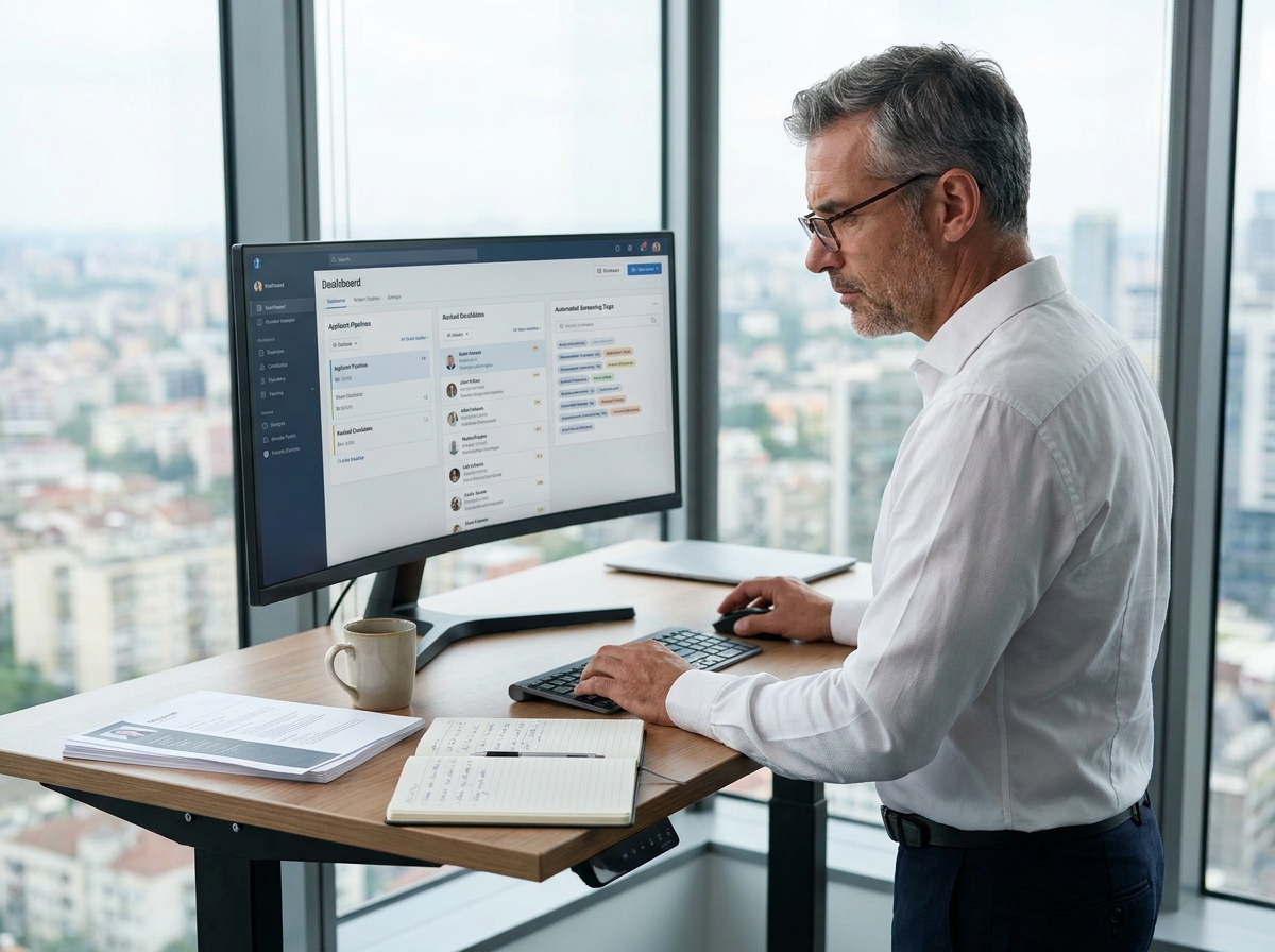 Directeur RH utilisant un logiciel de recrutement avancé sur un grand écran dans un bureau avec vue urbaine