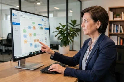 Dirigeante de PME analysant un tableau de bord de flux de données numériques dans un bureau moderne