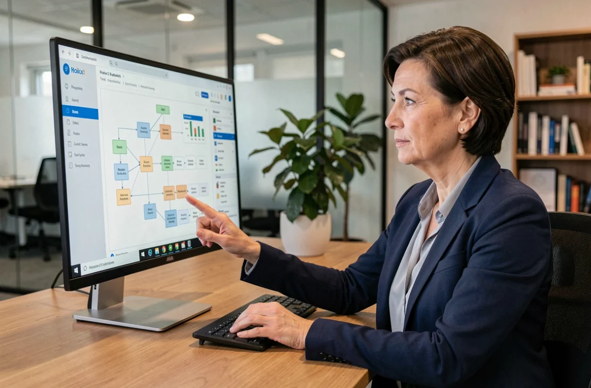 Dirigeante de PME analysant un tableau de bord de flux de données numériques dans un bureau moderne