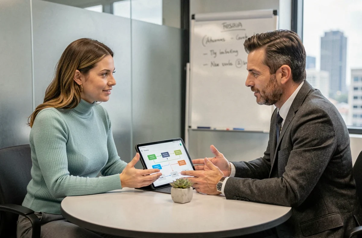 Deux dirigeants de PME collaborant autour d'une interface de flux de travail automatisé sur tablette