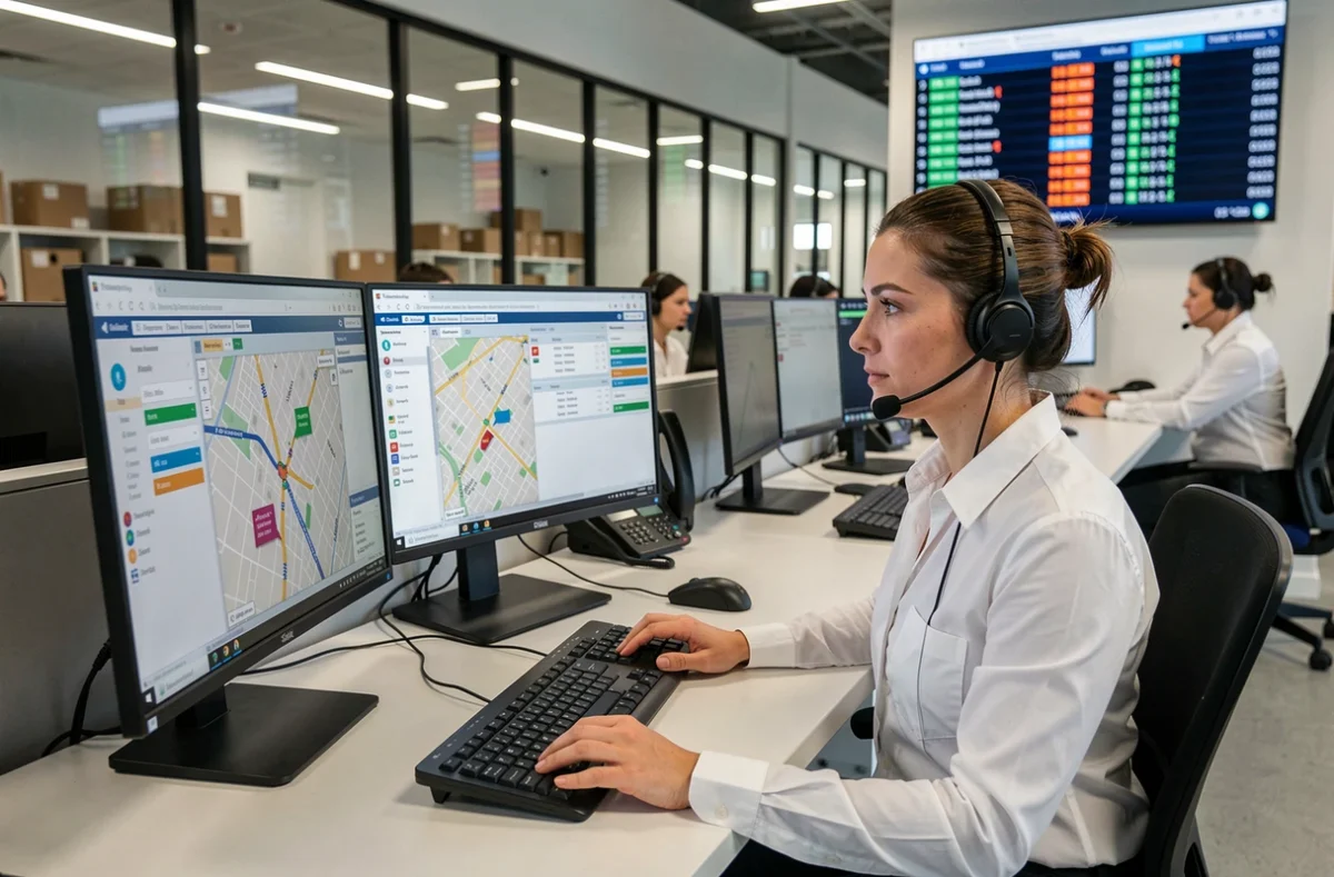 Dispatcheuse en centre d'opérations logistiques gérant les avis de livraison et le suivi des transports en temps réel