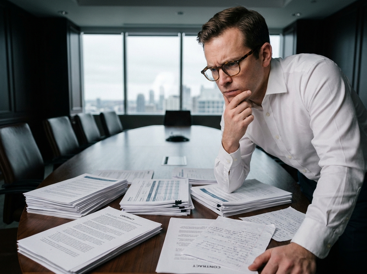 Un cadre analyse des documents sensibles étalés sur une table de réunion, soulignant les risques liés à la circulation des informations confidentielles sur papier en entreprise