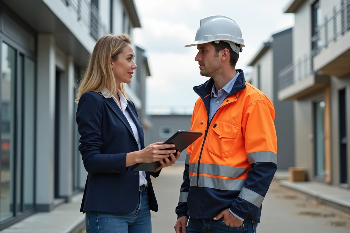 Manager et ouvrier discutant sur site Lille avec modules modernes