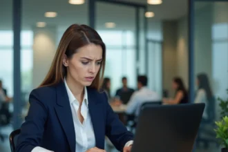 Employée Air France réinitialisant son mot de passe IPN expiré sur un ordinateur portable en bureau