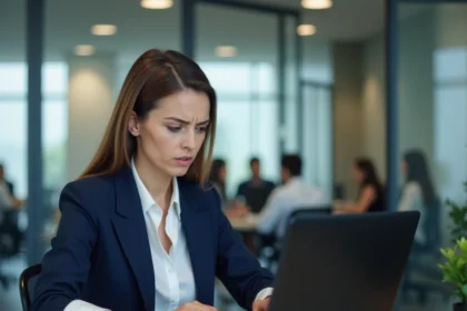 Employée Air France réinitialisant son mot de passe IPN expiré sur un ordinateur portable en bureau