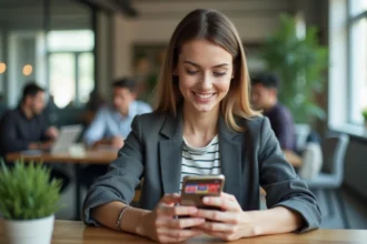 Employée consultant l'application CSE Advango billetterie sur son smartphone au bureau