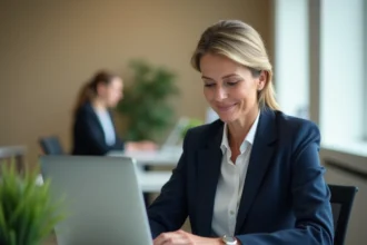 Une employée de La Poste accède à ses bulletins de paie via Ma Box RH sur un ordinateur portable au bureau